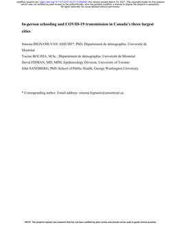 In-Person Schooling and COVID-19 Transmission in Canada's Three Largest Cities