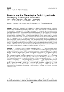 Dyslexia and the Phonological Deficit Hypothesis Developing Phonological Awareness in Young English Language Learners