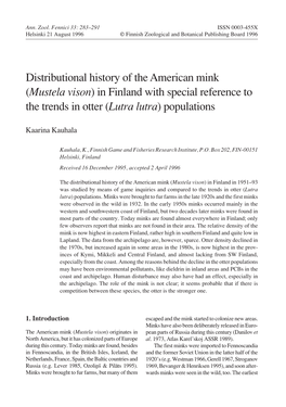 Distributional History of the American Mink (Mustela Vison) in Finland with Special Reference to the Trends in Otter (Lutra Lutra) Populations