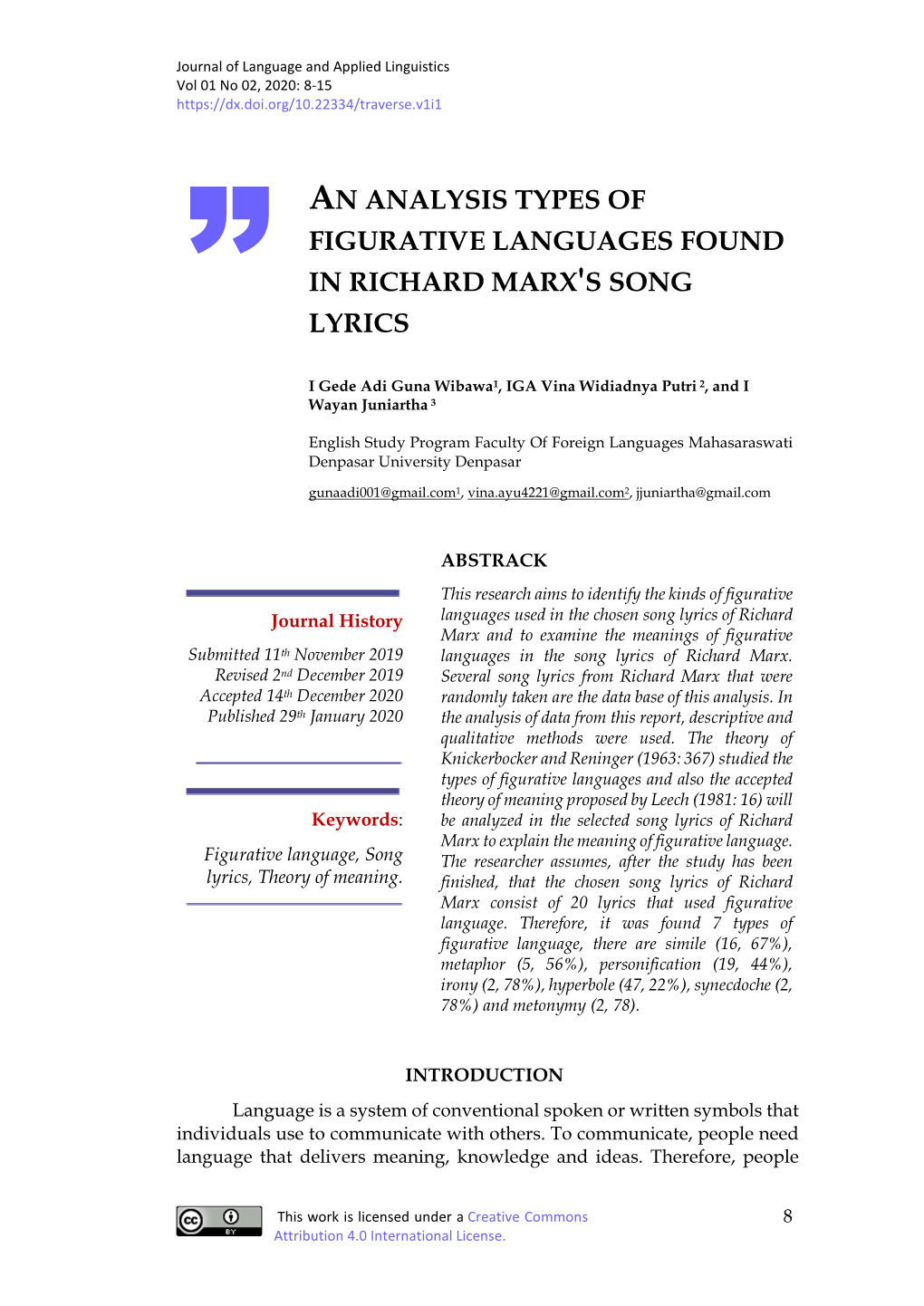 An Analysis Types of Figurative Languages Found in Richard Marx 'S Song ” Lyrics