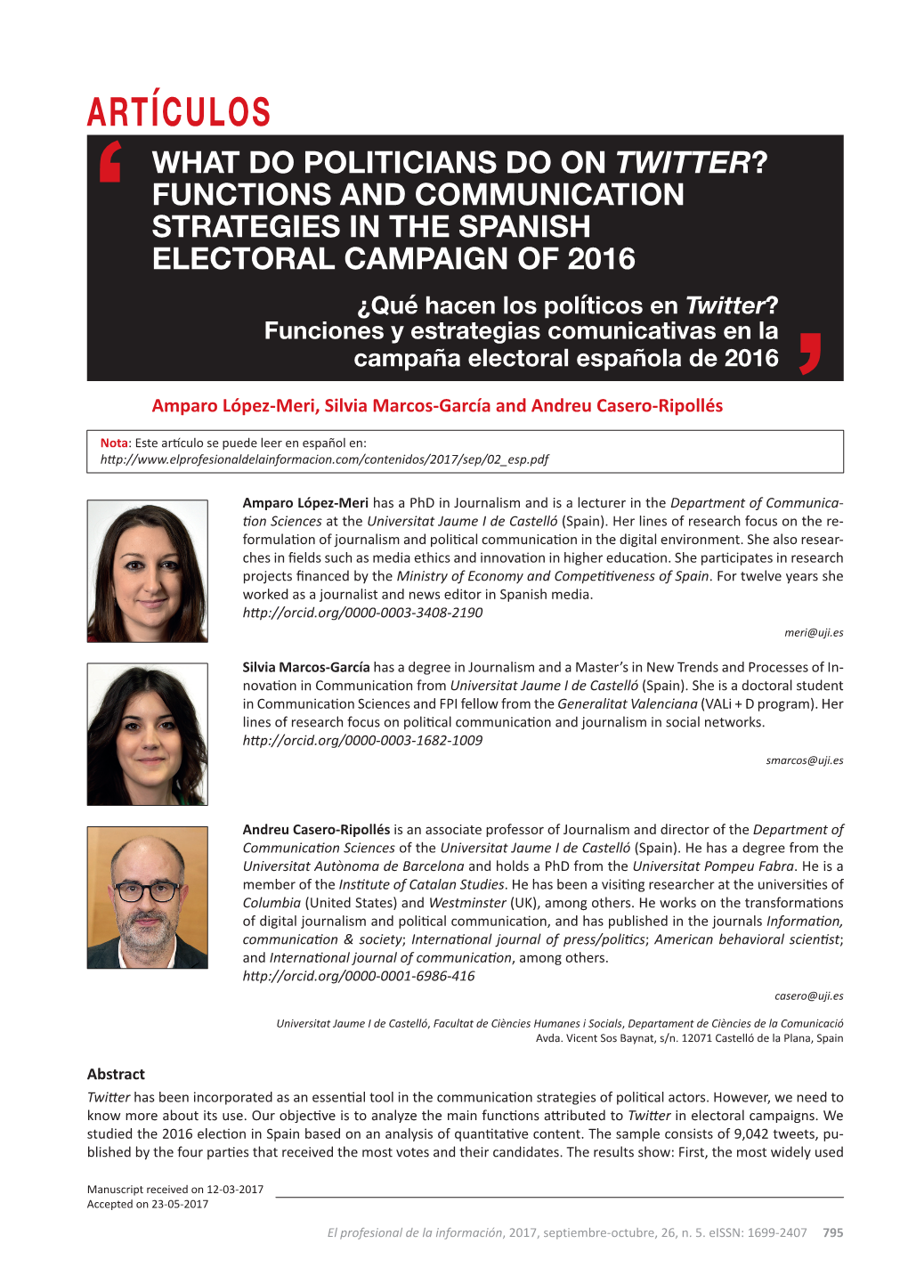 Functions and Communication Strategies in the Spanish Electoral