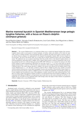 Marine Mammal Bycatch in Spanish Mediterranean Large Pelagic Longline Fisheries, with a Focus on Risso's Dolphin \(Grampus