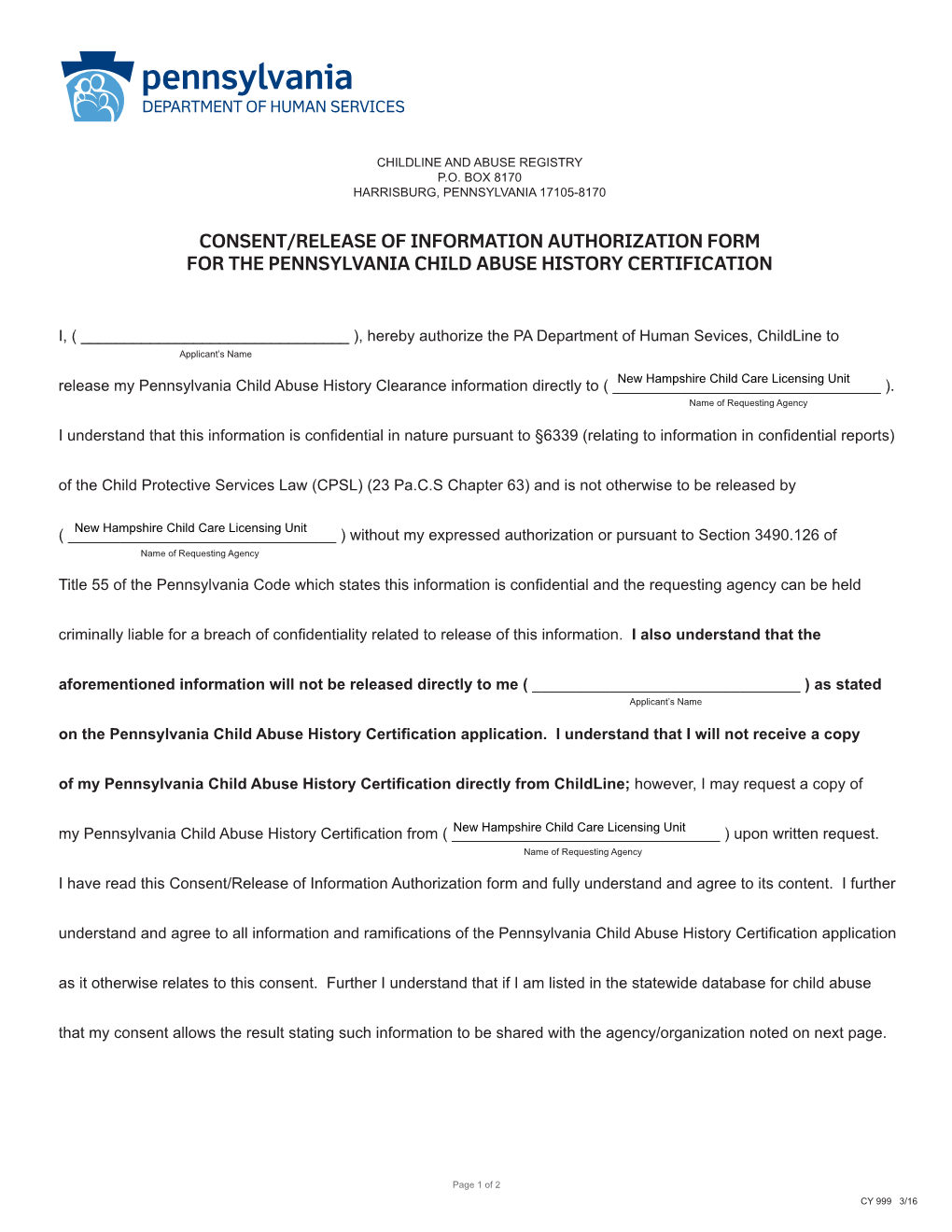 Consent/Release of Info Authorization Form Fo PA Child Abuse History Certification