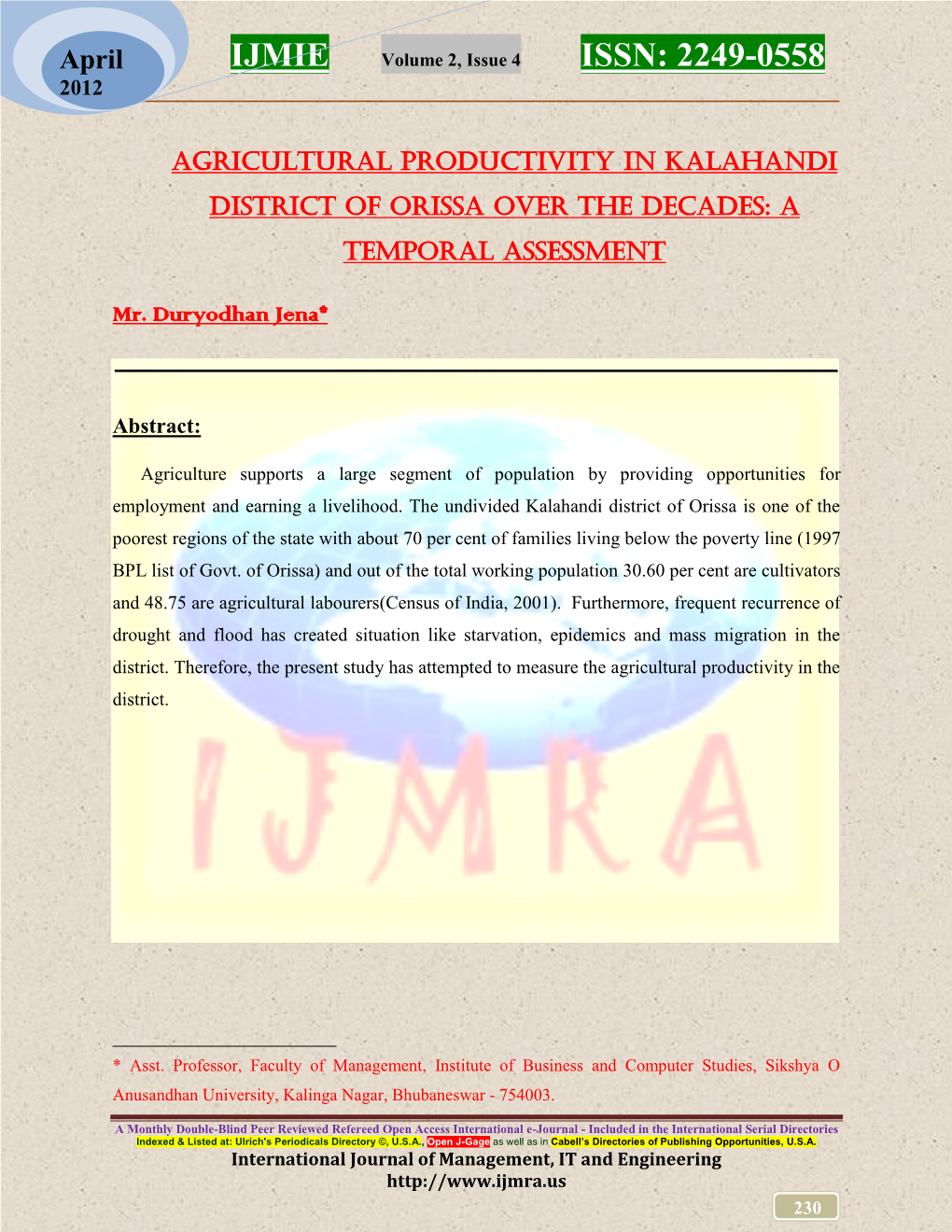 Agricultural Productivity in Kalahandi District of Orissa Over the Decades: a Temporal Assessment