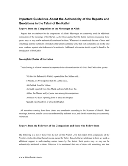 Important Guidelines About the Authenticity of the Reports and Quotations in the Tafsir of Ibn Kathir Reports from the Companions of the Messenger of Allah