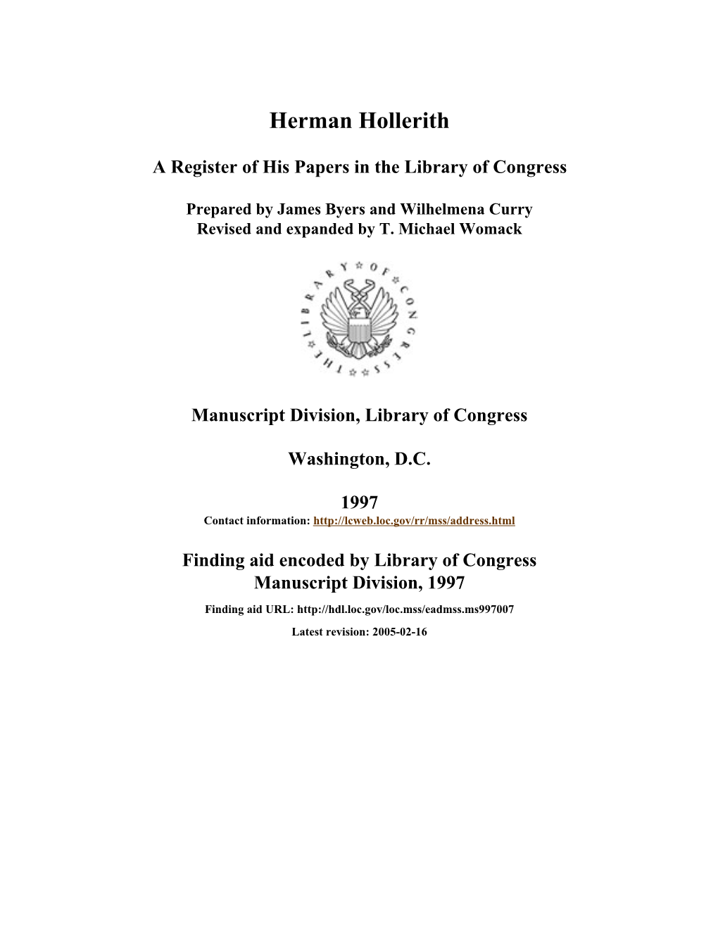 Papers of Herman Hollerith [Finding Aid]. Library of Congress. [PDF