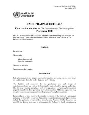 RADIOPHARMACEUTICALS Final Text for Addition to the International Pharmacopoeia (November 2008)