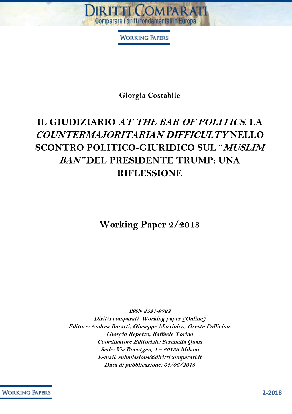 Countermajoritarian Difficulty Nello Scontro Politico-Giuridico Sul “Muslim Ban” Del Presidente Trump: Una Riflessione