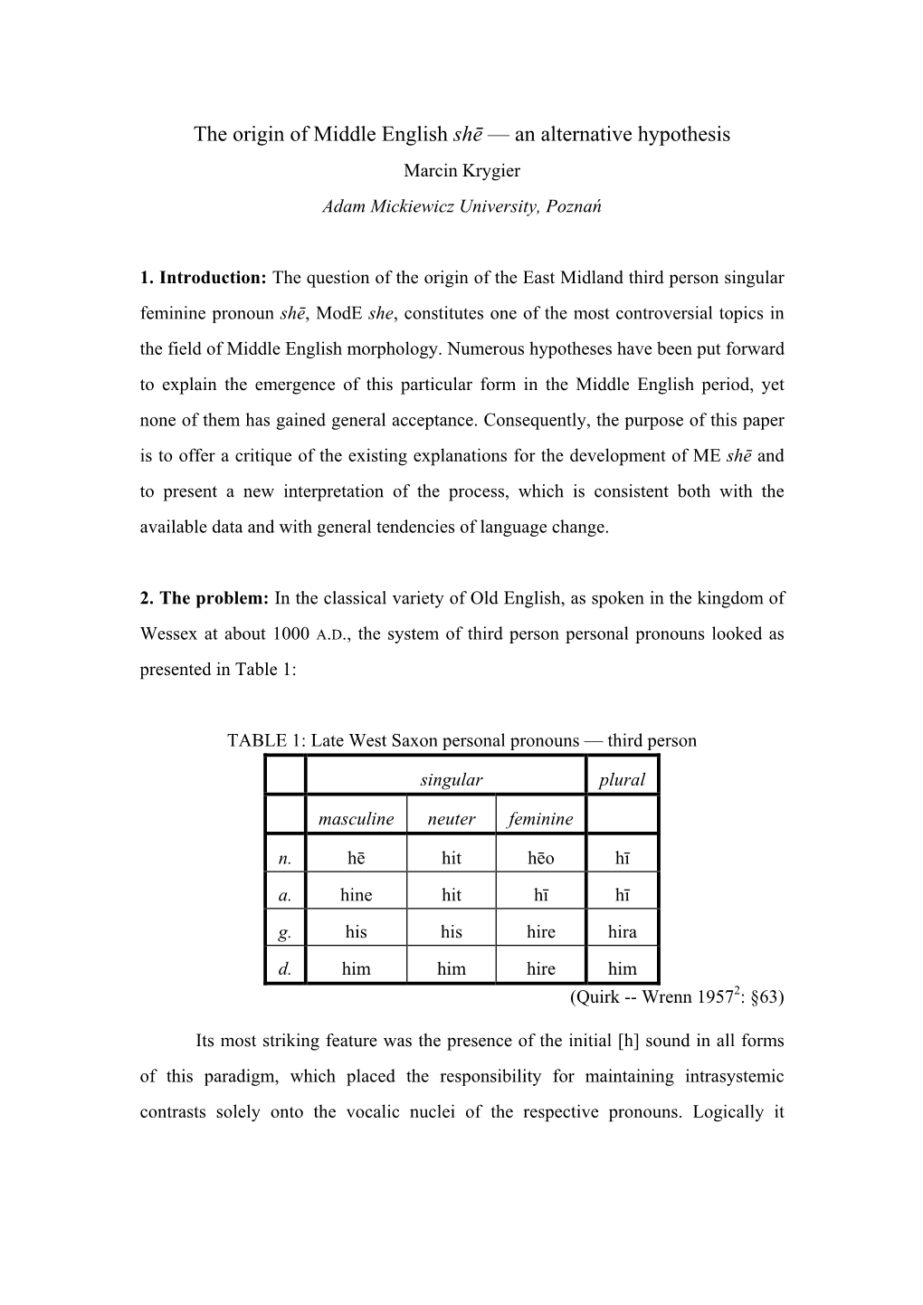 The Origin of Middle English Shē — an Alternative Hypothesis Marcin Krygier Adam Mickiewicz University, Poznań