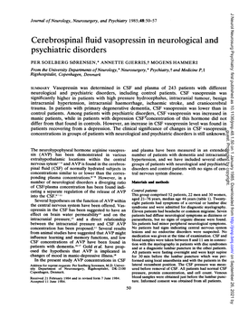 Cerebrospinal Fluid Vasopressin in Neurological and Psychiatric Disorders