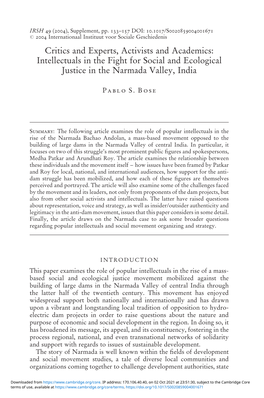 Critics and Experts, Activists and Academics: Intellectuals in the Fight for Social and Ecological Justice in the Narmada Valley, India