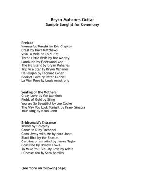 Bryan Mahanes Guitar Sample Songlist for Ceremony