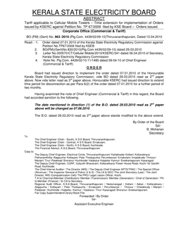 KERALA STATE ELECTRICITY BOARD ABSTRACT Tariff Applicable to Cellular Mobile Towers – Time Extension for Implementation of Orders Issued by KSERC Against Petition No