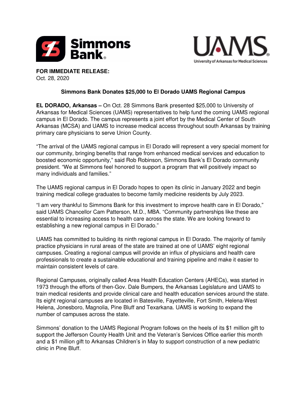 FOR IMMEDIATE RELEASE: Oct. 28, 2020 Simmons Bank Donates