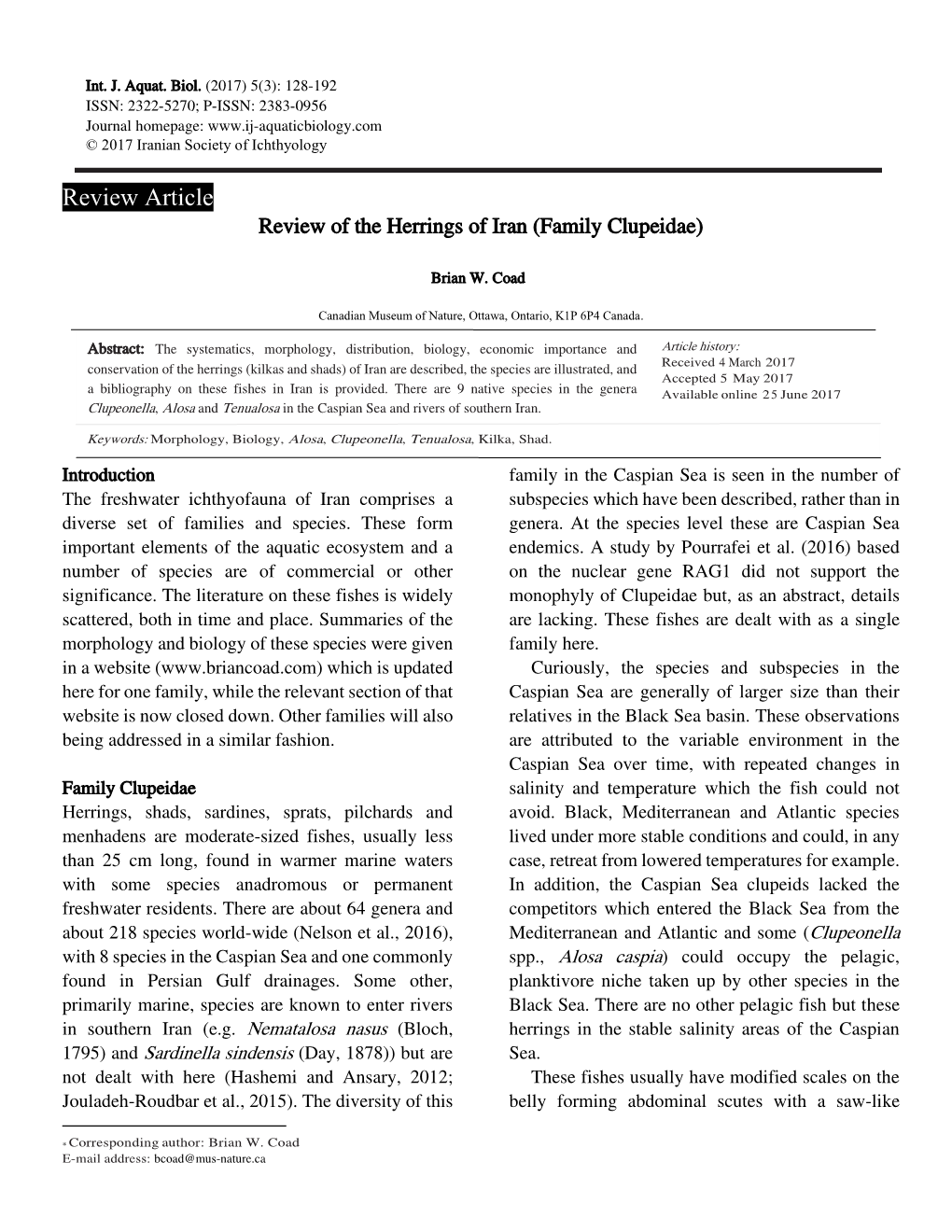 Review Article Review of the Herrings of Iran (Family Clupeidae)