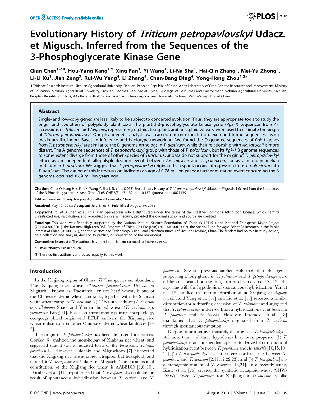 Evolutionary History of Triticum Petropavlovskyi Udacz. Et Migusch