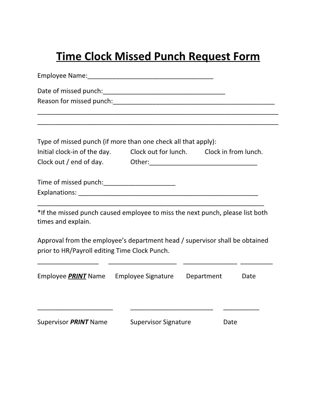 Time Clock Missed Punch Request Form