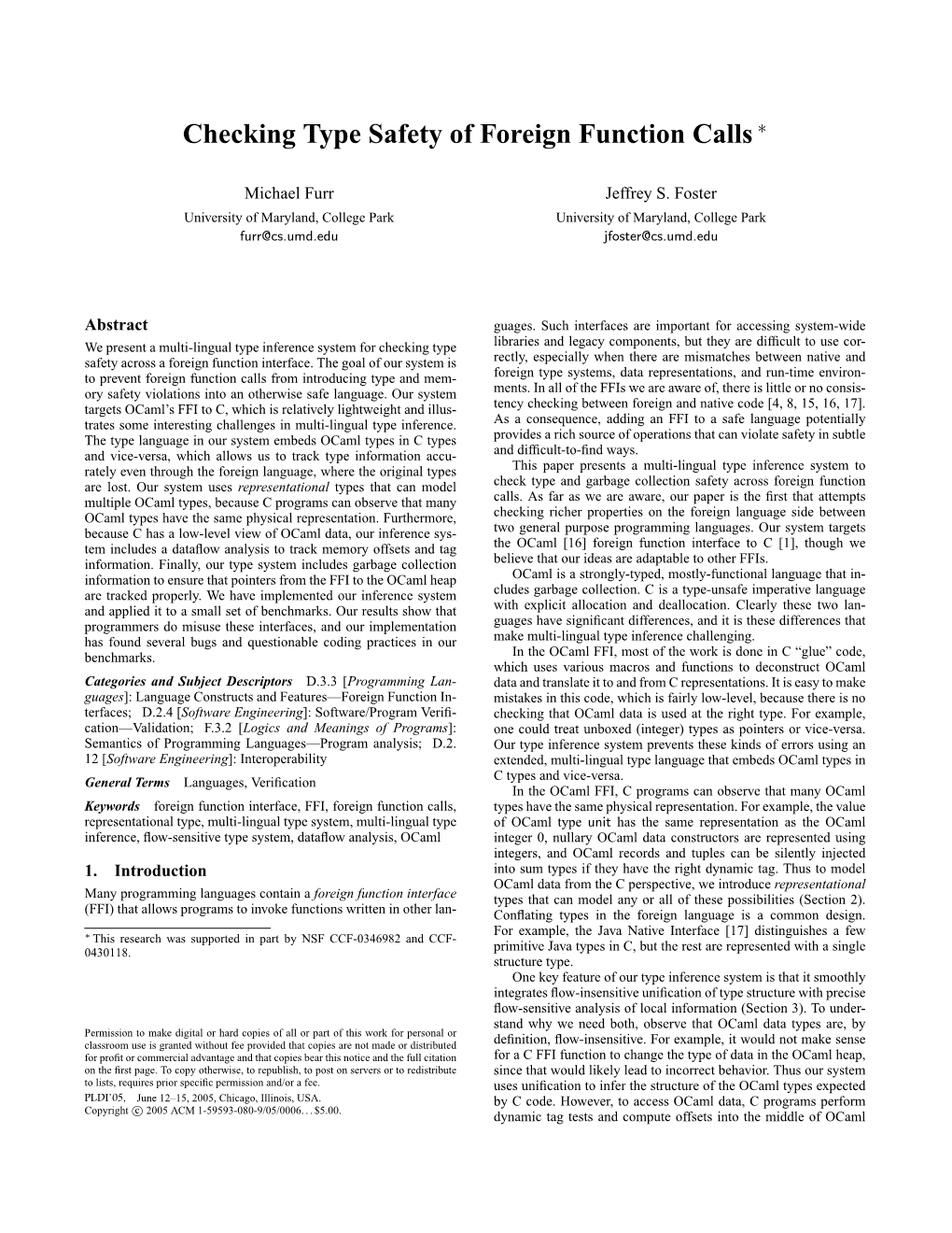 Checking Type Safety of Foreign Function Calls ∗