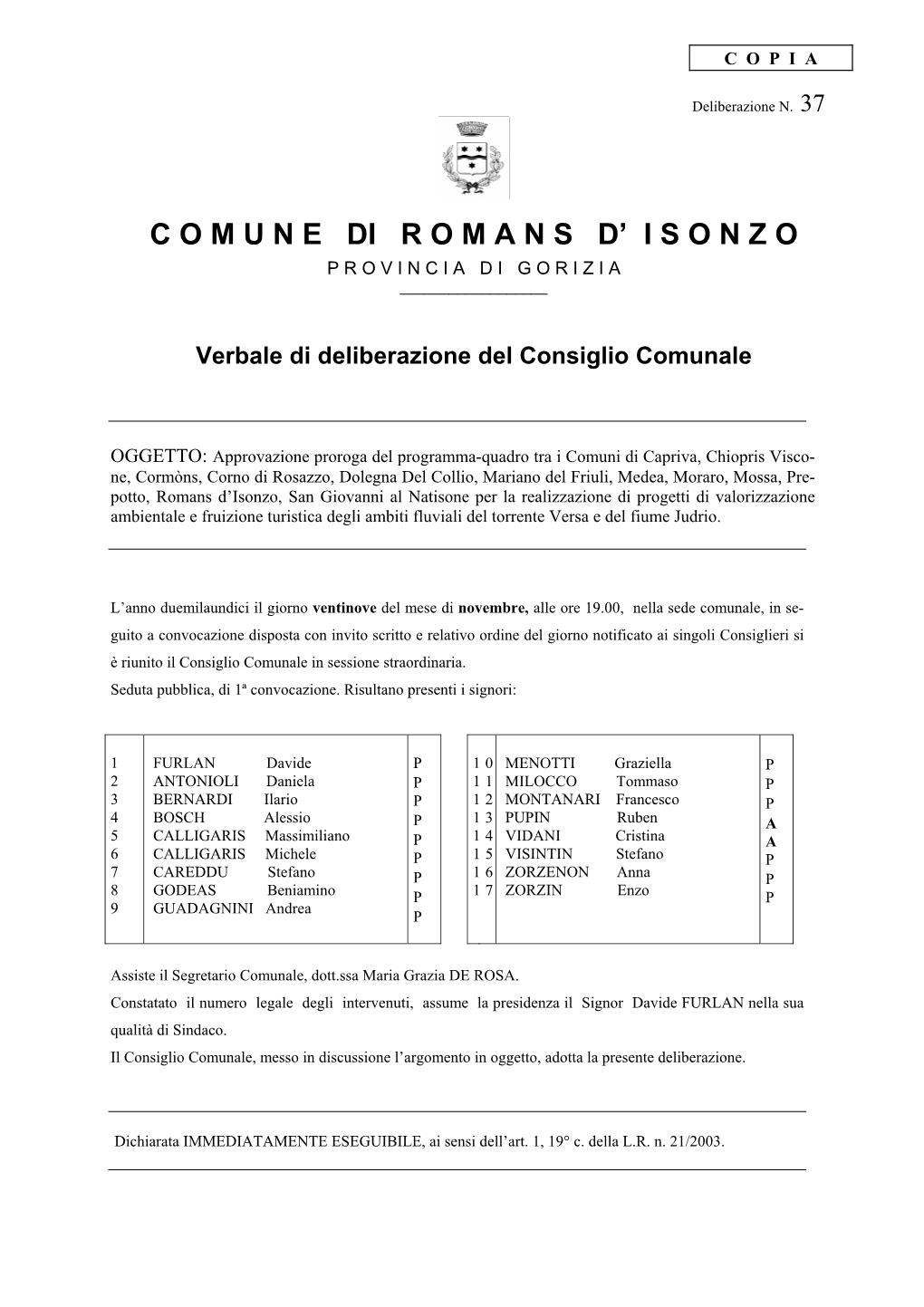 Verbale Di Deliberazione Del Consiglio Comunale