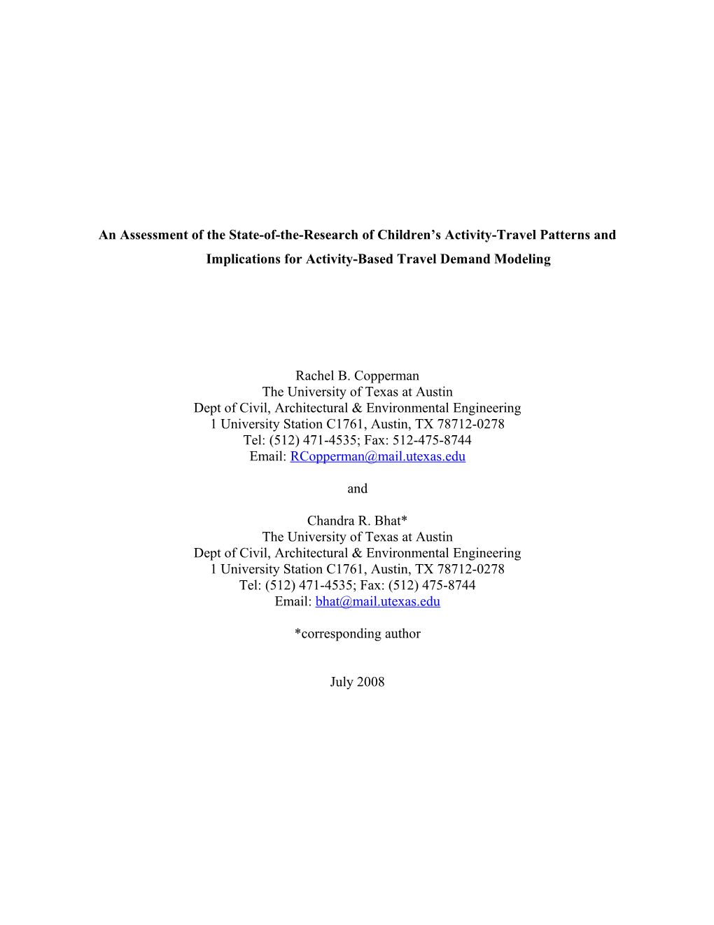 An Assessment of the State-Of-The-Research of Children S Activity-Travel Patterns And