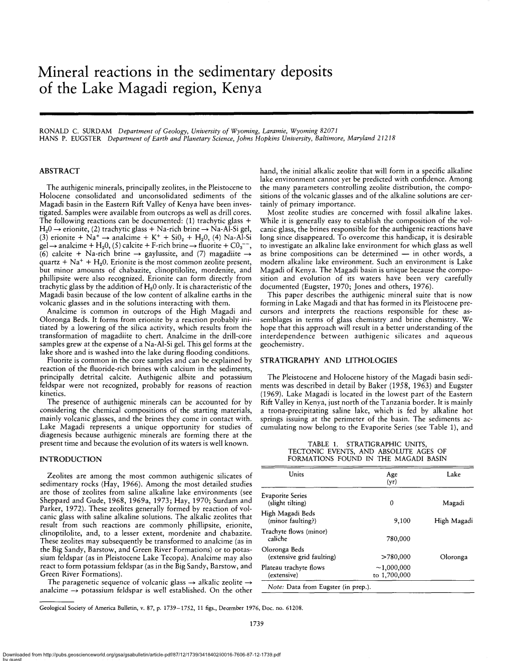 Mineral Reactions in the Sedimentary Deposits of the Lake Magadi Region, Kenya