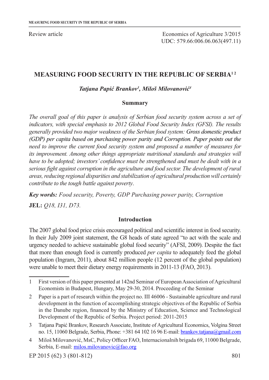Measuring Food Security in the Republic of Serbia1 2