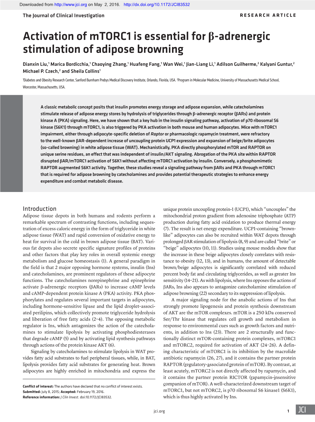 Activation of Mtorc1 Is Essential for Β-Adrenergic Stimulation of Adipose Browning