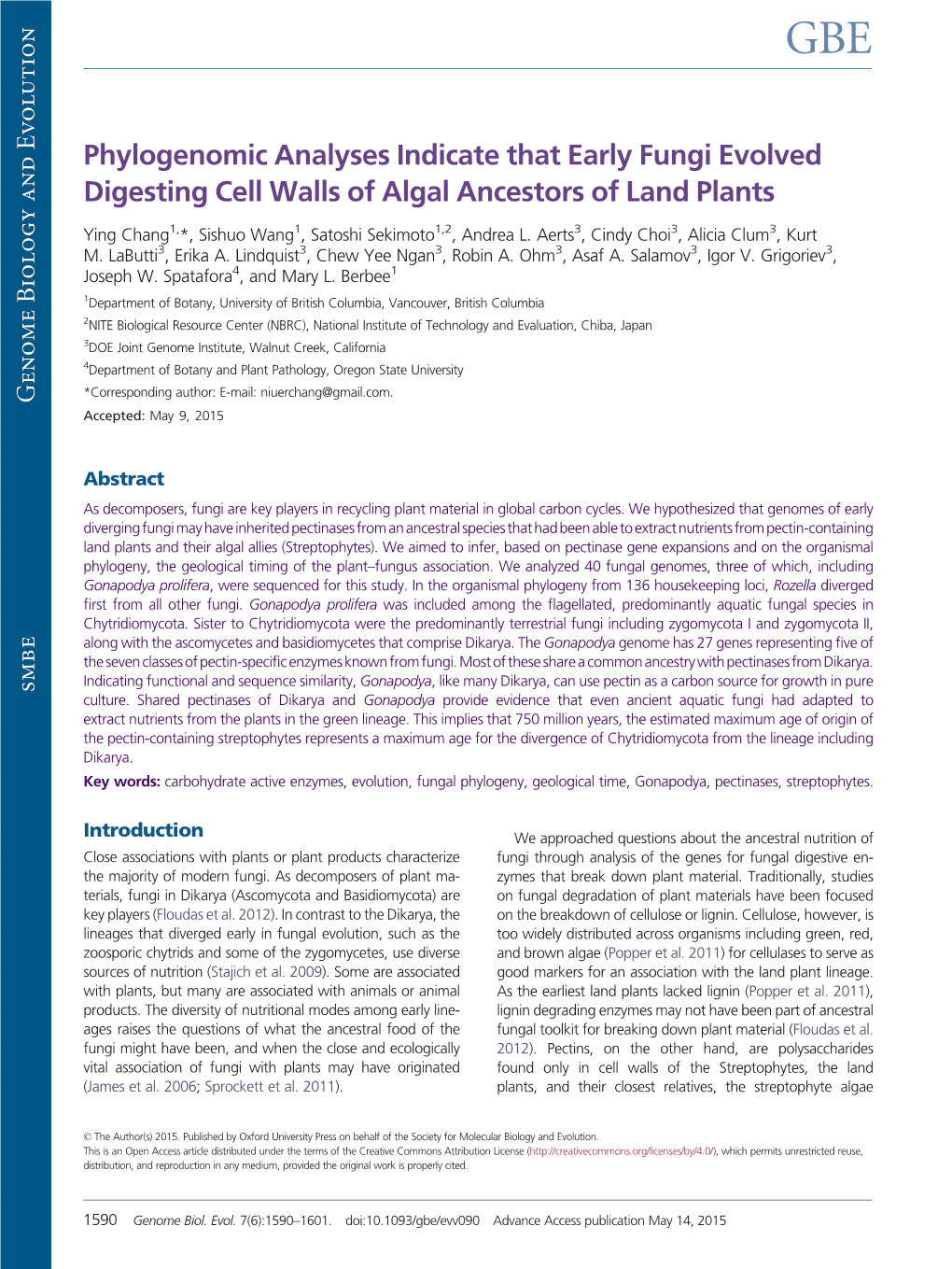Phylogenomic Analyses Indicate That Early Fungi Evolved Digesting Cell Walls of Algal Ancestors of Land Plants