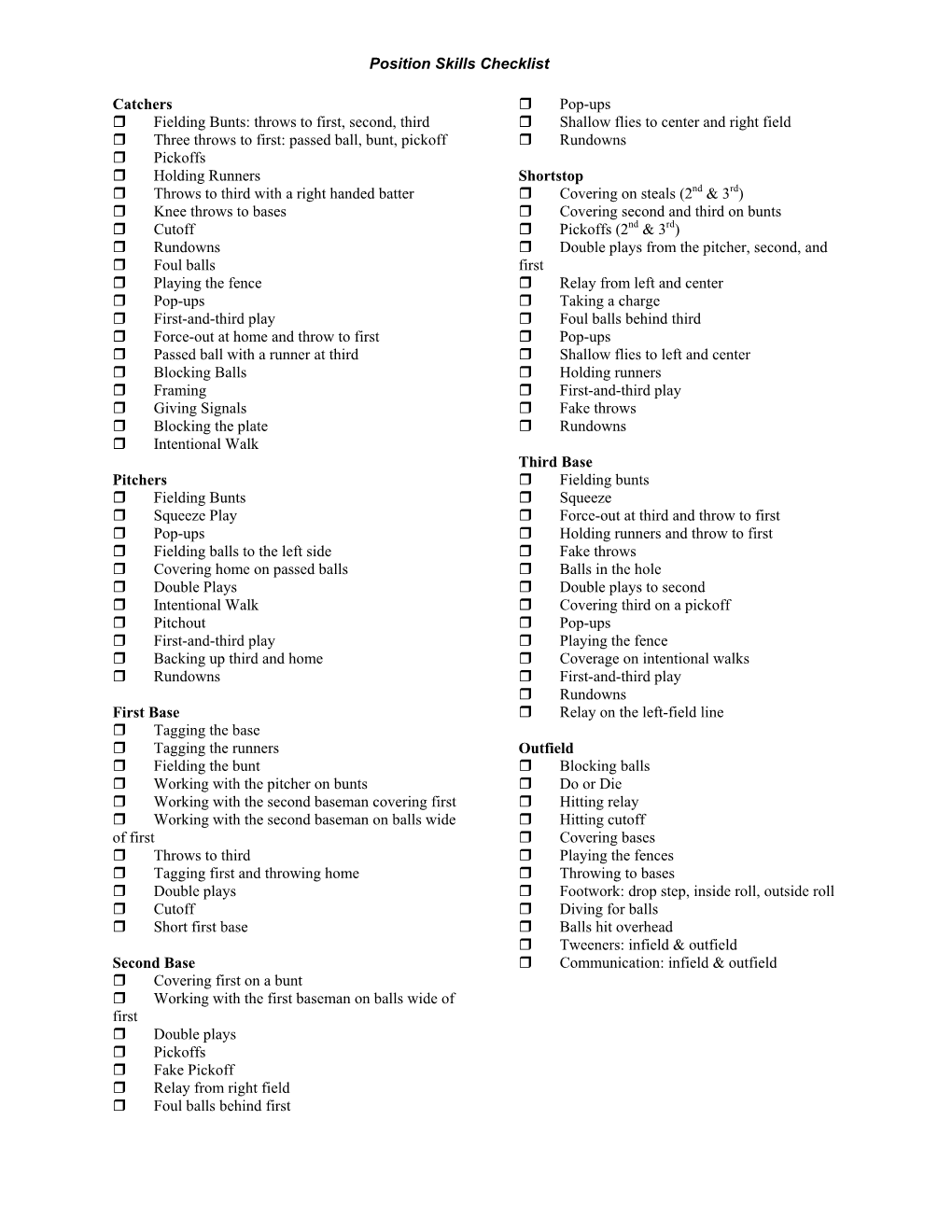 Position Skills Checklist Catchers Fielding Bunts