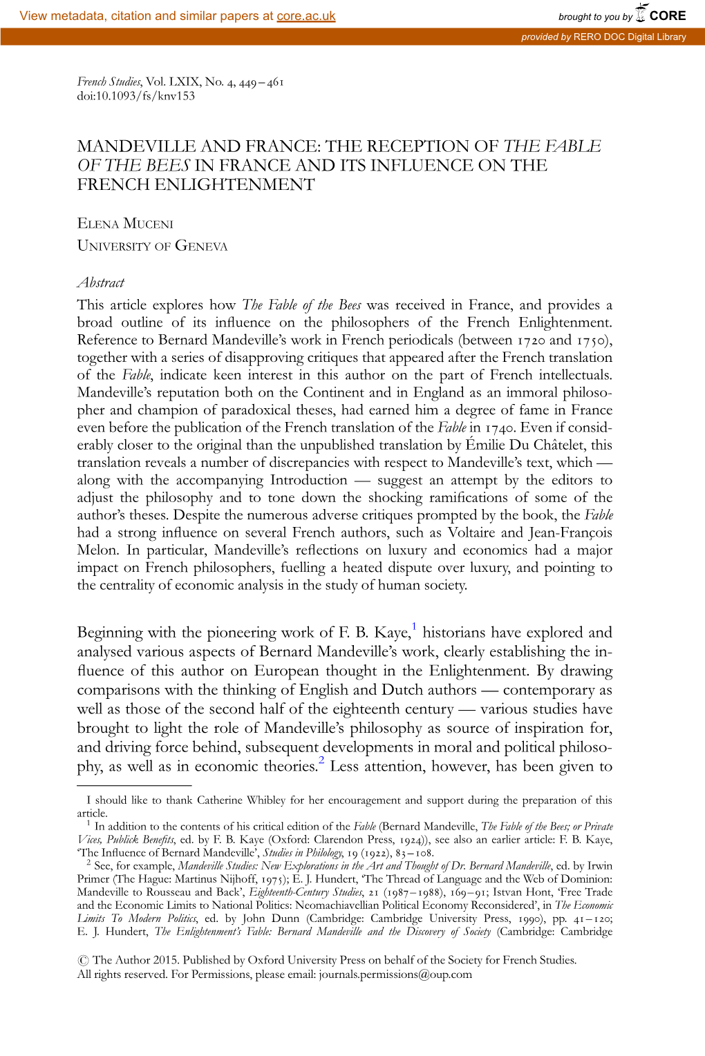 Mandeville and France: the Reception of the Fable of the Bees in France and Its Influence on the French Enlightenment