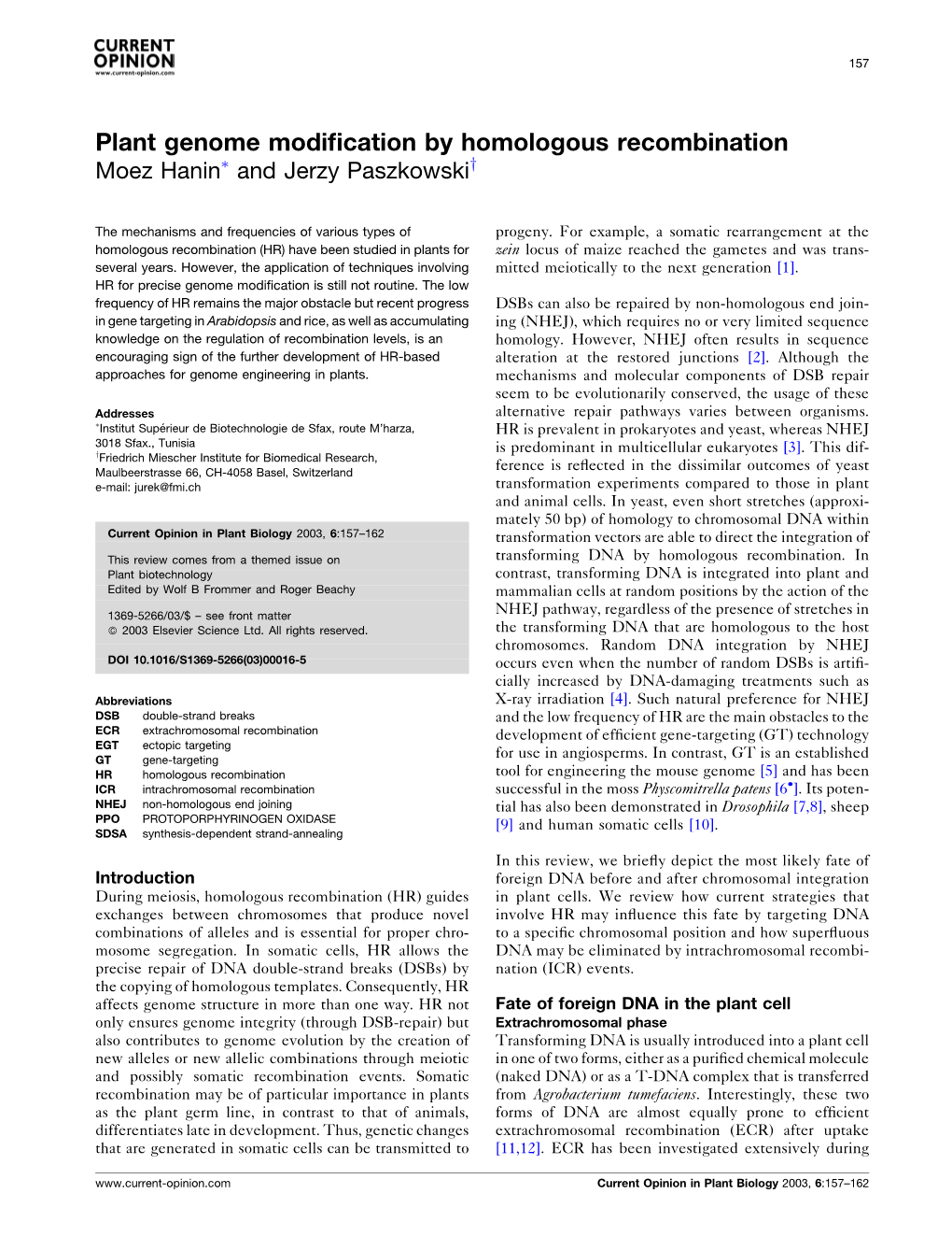 Plant Genome Modification by Homologous Recombination