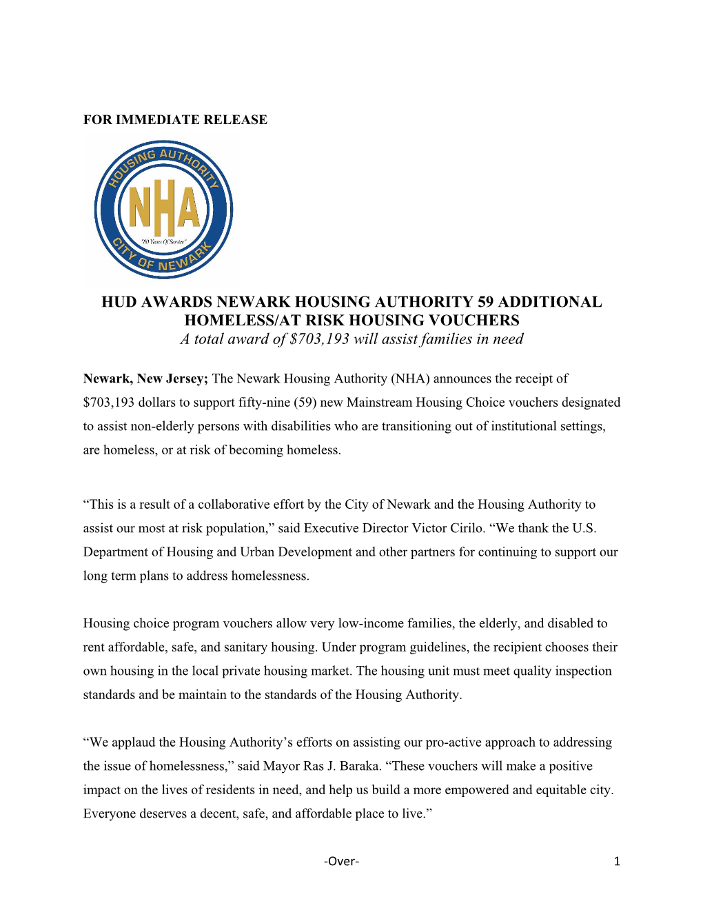 HUD AWARDS NEWARK HOUSING AUTHORITY 59 ADDITIONAL HOMELESS/AT RISK HOUSING VOUCHERS a Total Award of $703,193 Will Assist Families in Need