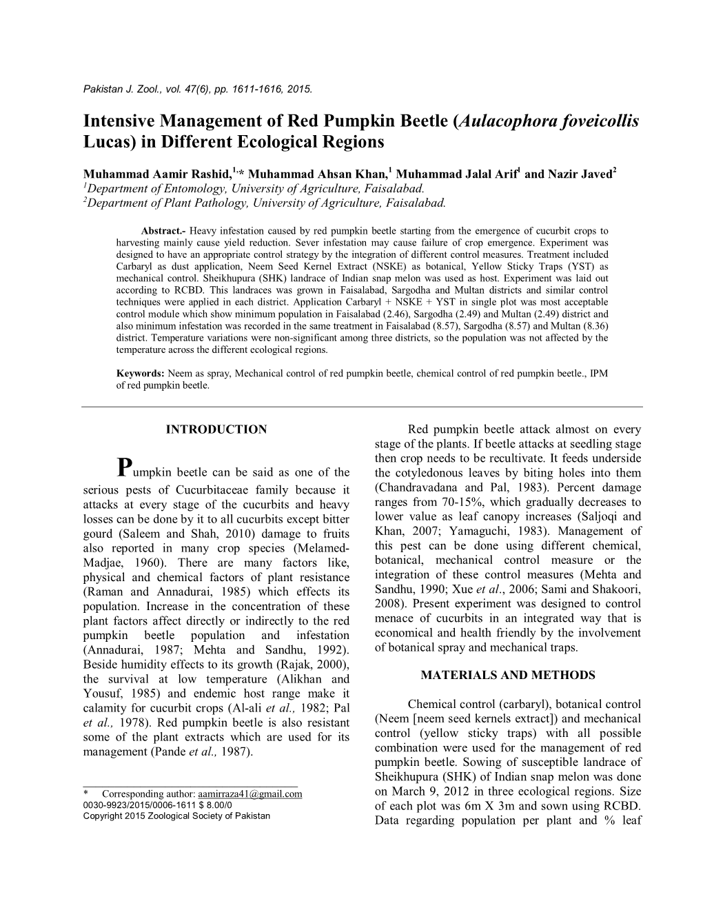 Intensive Management of Red Pumpkin Beetle (Aulacophora Foveicollis Lucas) in Different Ecological Regions