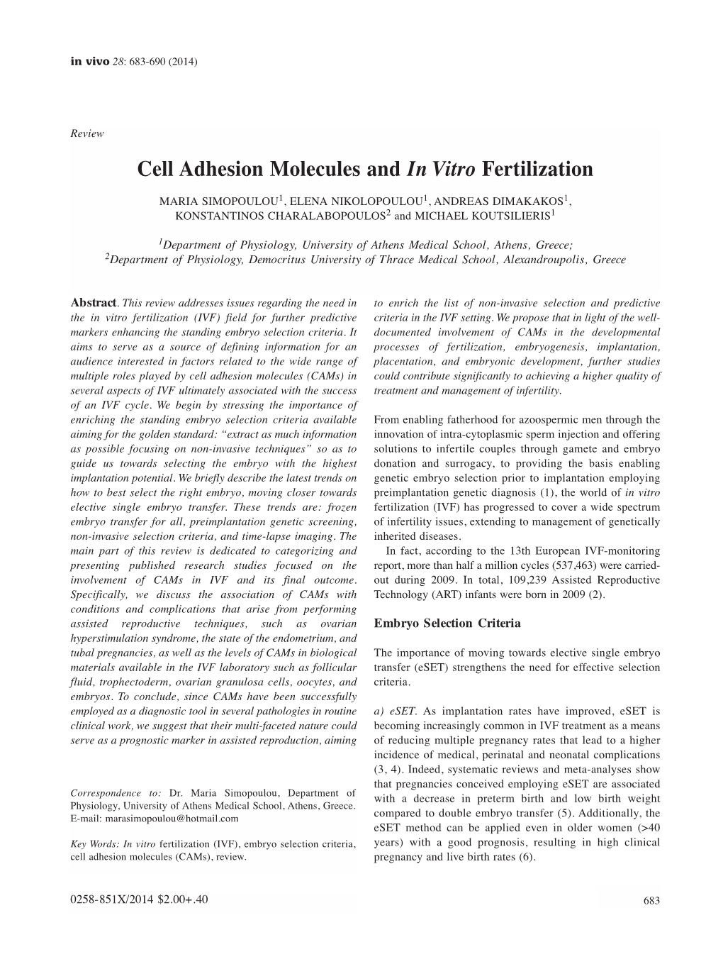 Cell Adhesion Molecules and in Vitro Fertilization