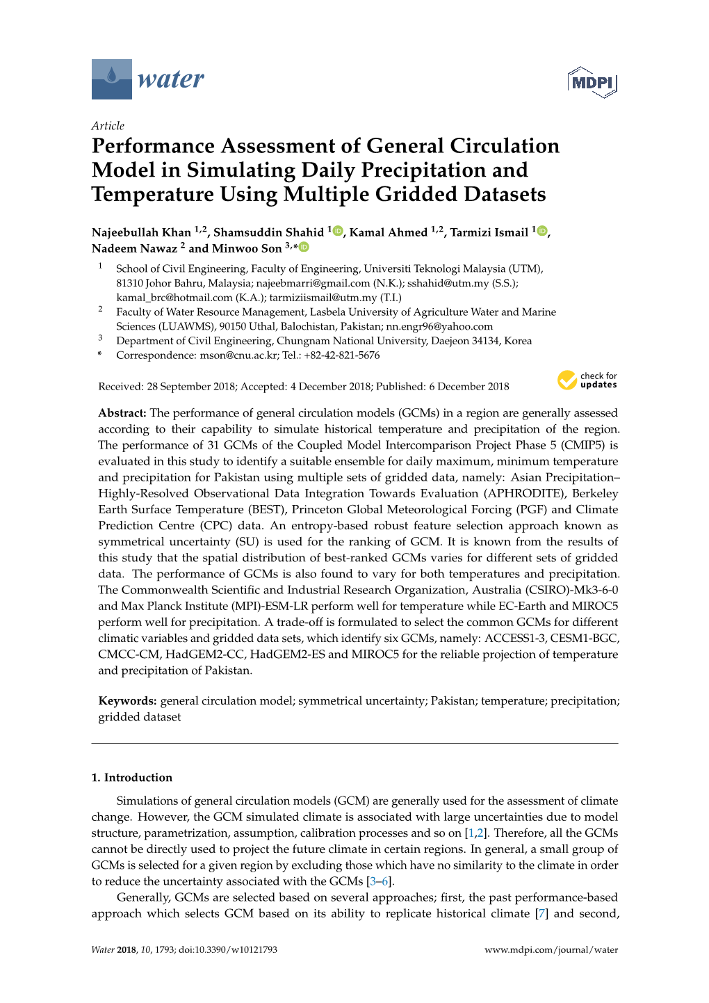 Performance Assessment of General Circulation Model in Simulating Daily Precipitation and Temperature Using Multiple Gridded Datasets