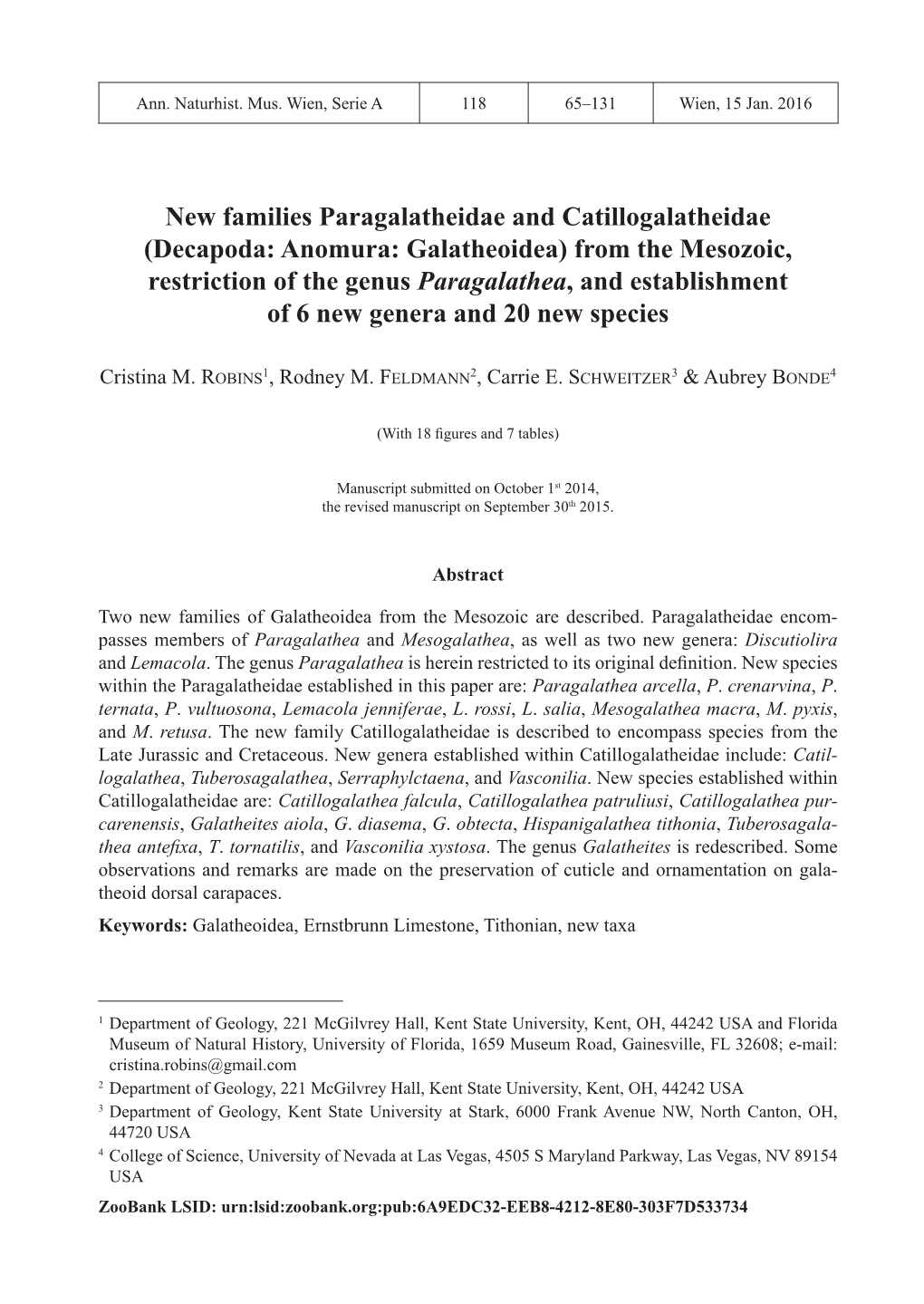 (Decapoda: Anomura: Galatheoidea) from the Mesozoic, Restriction of the Genus Paragalathea, and Establishment of 6 New Genera and 20 New Species