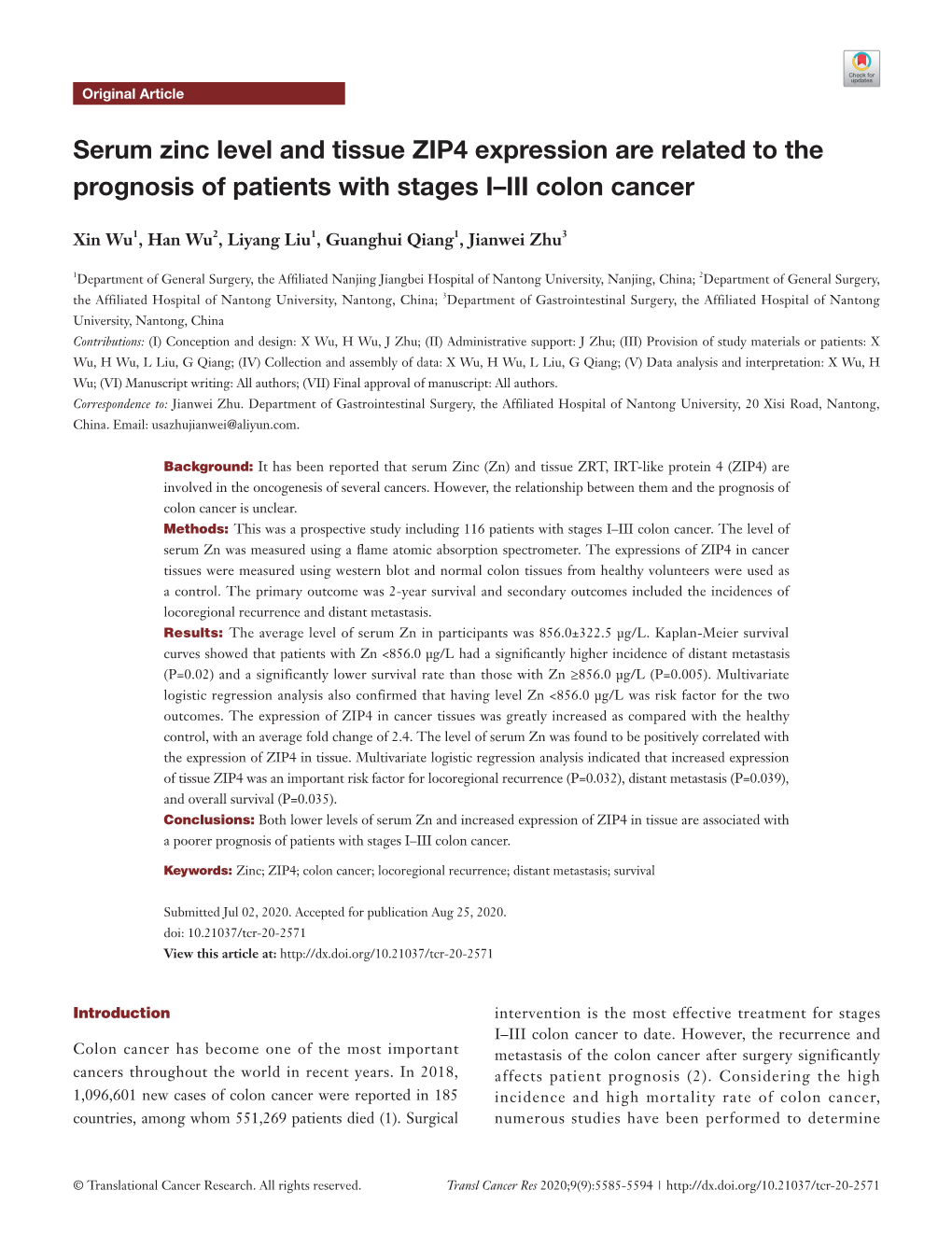 Serum Zinc Level and Tissue ZIP4 Expression Are Related to the Prognosis of Patients with Stages I–III Colon Cancer