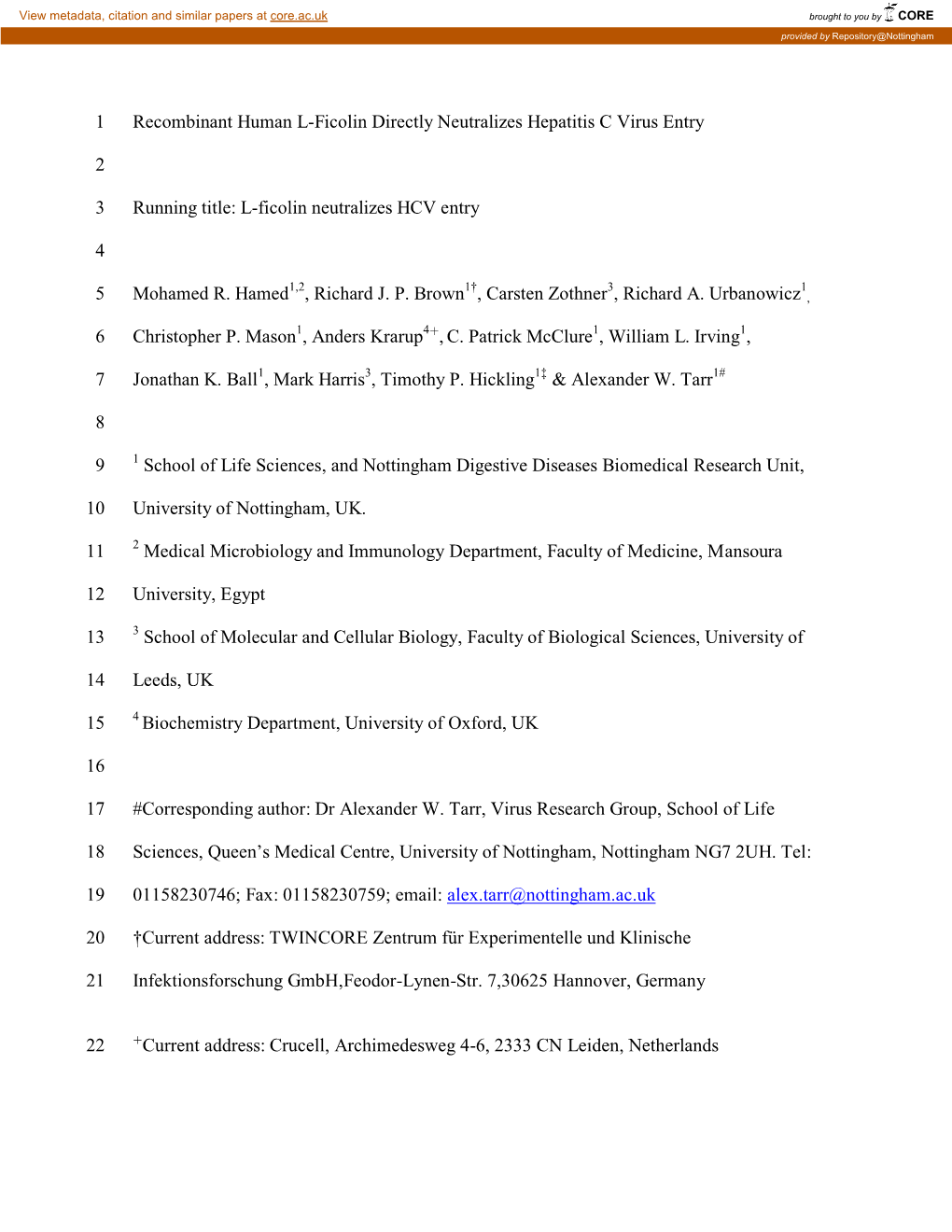 The Human Soluble Lectin L-Ficolin Neutralizes Entry of Hepatitis C