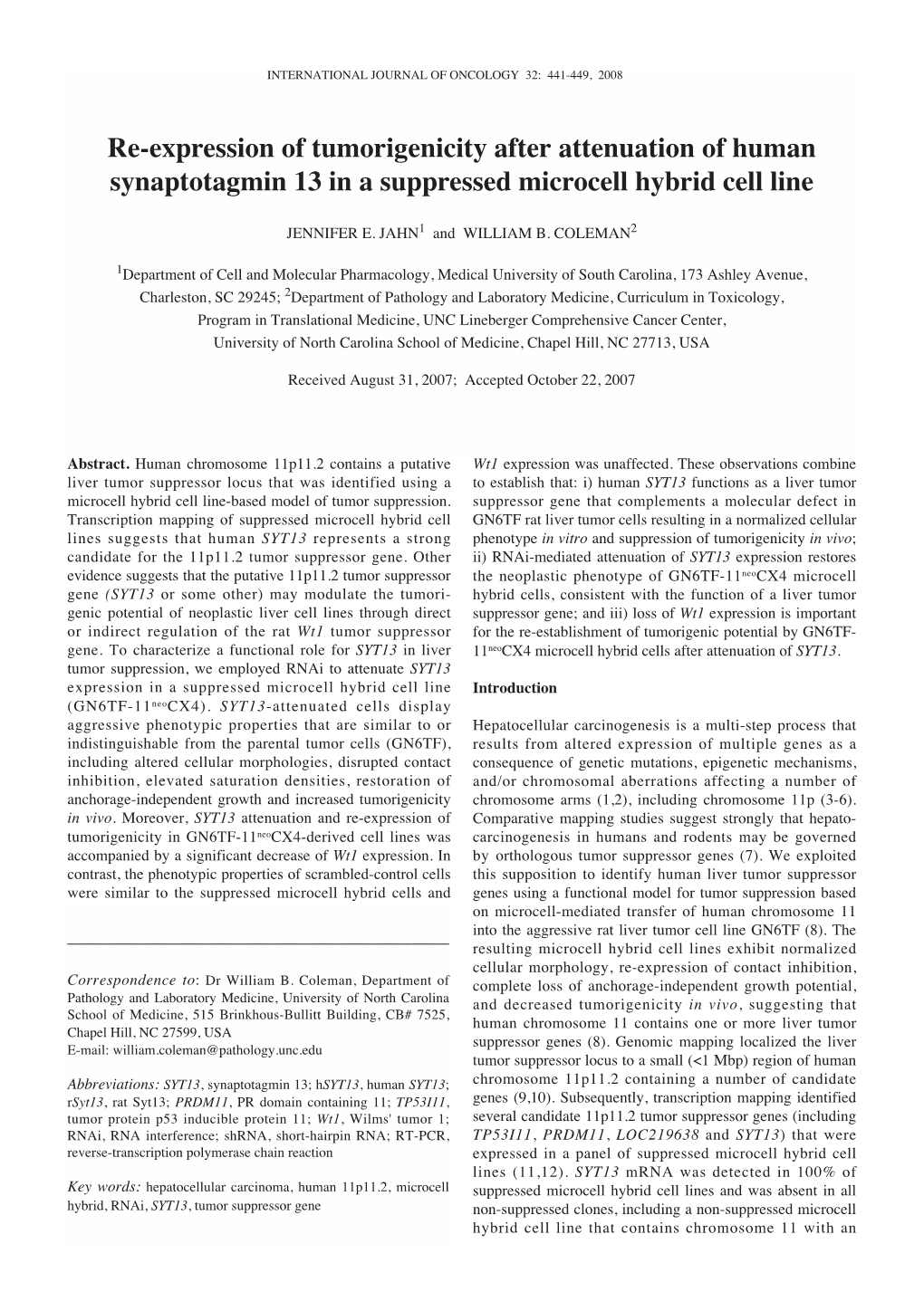 Re-Expression of Tumorigenicity After Attenuation of Human Synaptotagmin 13 in a Suppressed Microcell Hybrid Cell Line