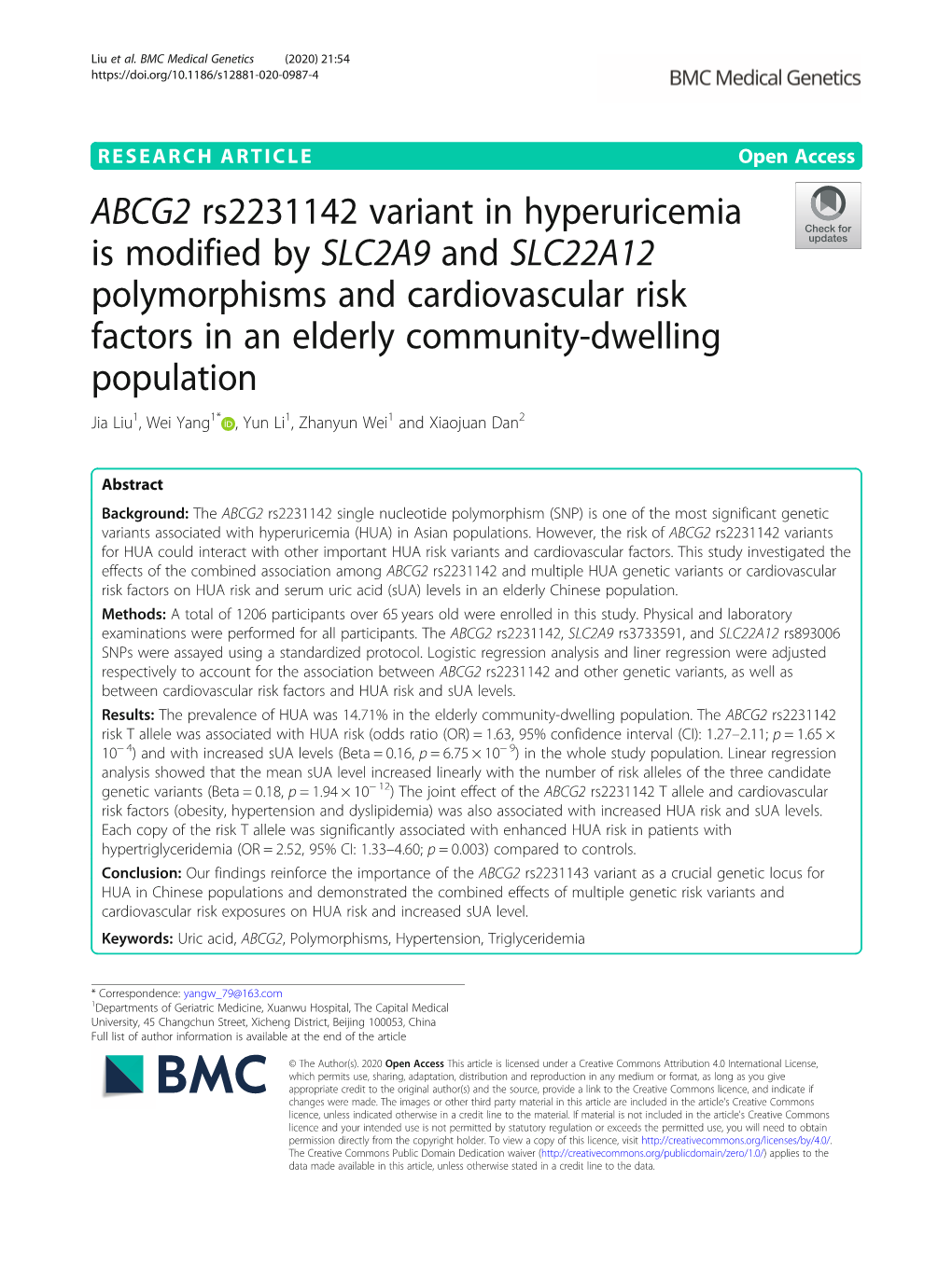 ABCG2 Rs2231142 Variant in Hyperuricemia Is Modified by SLC2A9 and SLC22A12 Polymorphisms and Cardiovascular Risk Factors in An