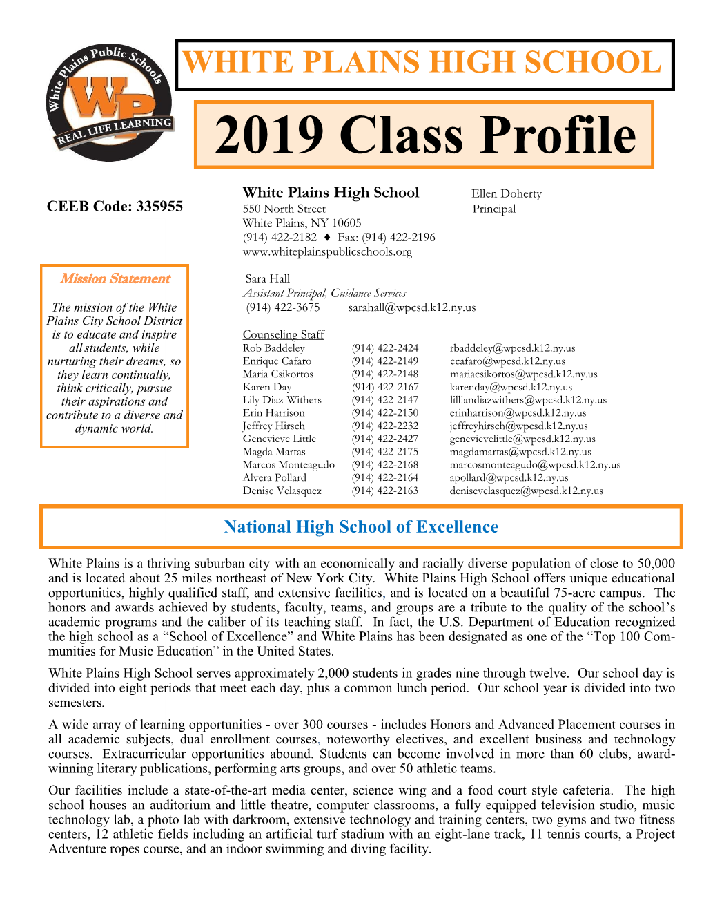 WHITE PLAINS HIGH SCHOOL 2019 Class Profile