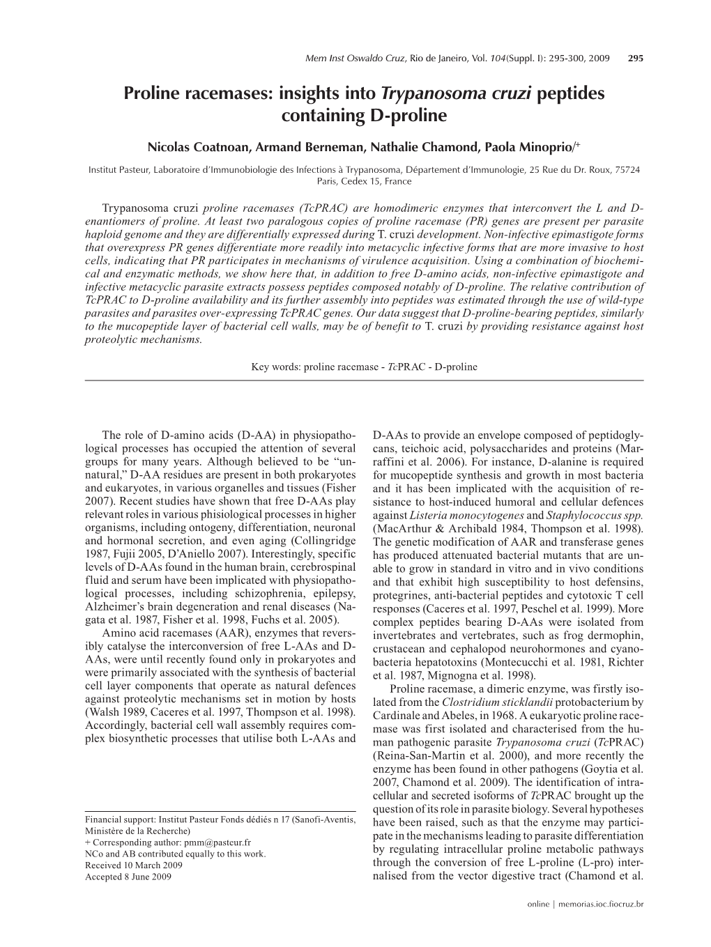 Proline Racemases: Insights Into Trypanosoma Cruzi Peptides Containing D-Proline