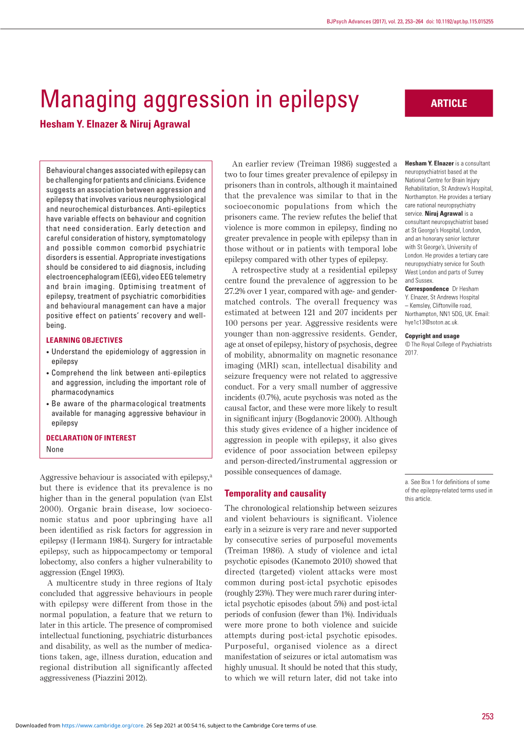 Managing Aggression in Epilepsy ARTICLE Hesham Y