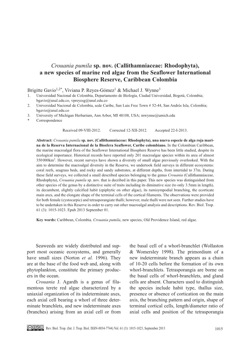 Crouania Pumila Sp. Nov. (Callithamniaceae: Rhodophyta), a New Species of Marine Red Algae from the Seaflower International Biosphere Reserve, Caribbean Colombia