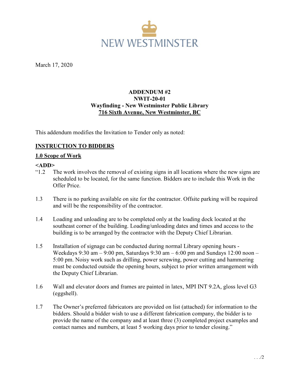 March 17, 2020 ADDENDUM #2 NWIT-20-01