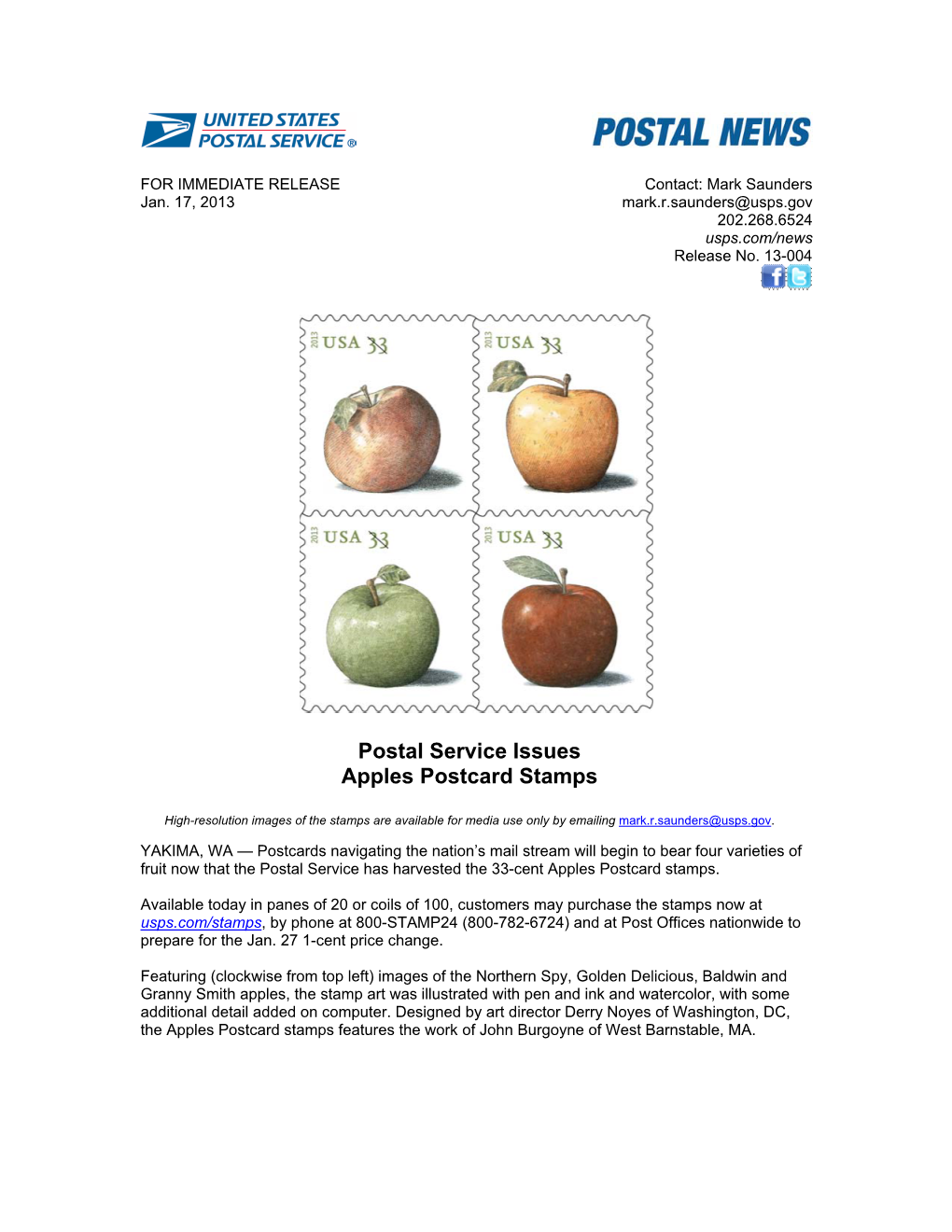 Postal Service Issues Apples Postcard Stamps