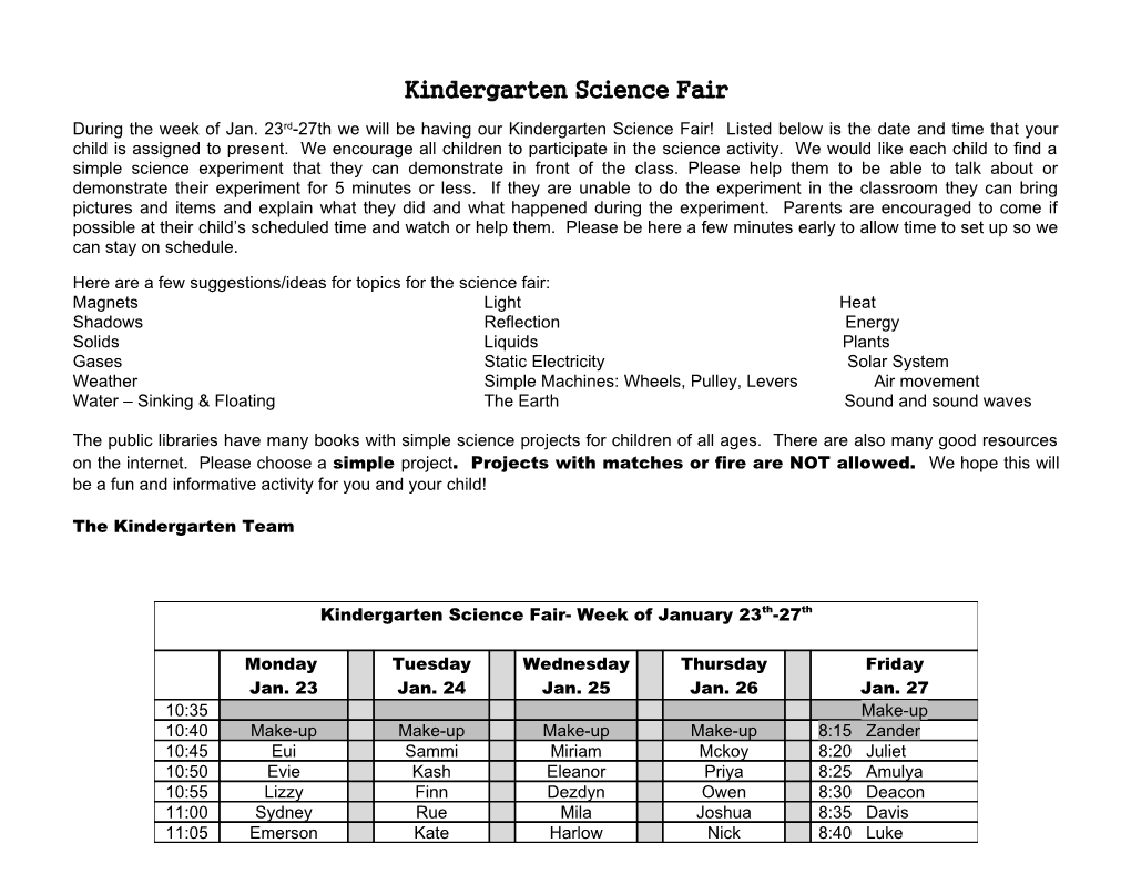 Kindergarten Science Fair