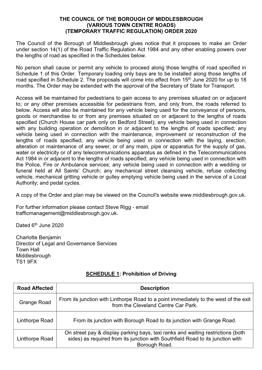 The Council of the Borough of Middlesbrough (Various Town Centre Roads) (Temporary Traffic Regulation) Order 2020