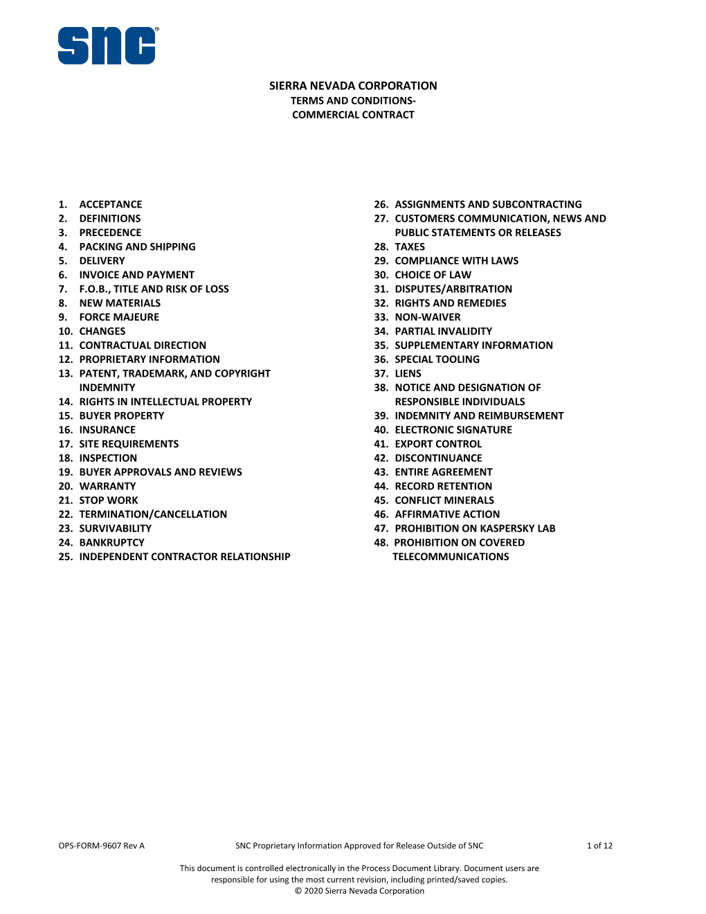 Sierra Nevada Corporation Terms and Conditions- Commercial Contract