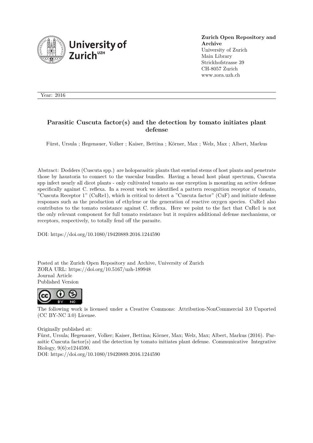 Parasitic Cuscuta Factor\(S\) and the Detection by Tomato Initiates Plant